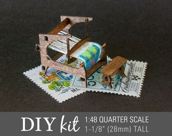 DIY Miniature Kit - 1:48 Weaving Loom & Bench - Create a quarter scale loom in European folk art style for your dollhouse (unpainted wood)