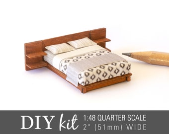 DIY Miniature Kit - 1:48 Modern MCM Bed - Create a quarter scale mid-century modern bed for your dollhouse (unpainted wood)