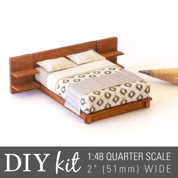 DIY Miniature Kit - 1:48 Modern MCM Bed - Create a quarter scale mid-century modern bed for your dollhouse (unpainted wood)