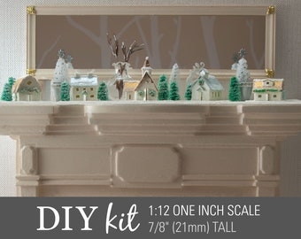 DIY Miniature Kit - 1:12 Snow Village Kit - Create a tiny glitter house village for your dollhouse fireplace mantel! No painting.