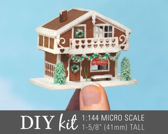 DIY Miniature Kit - Micro Gingerbread Ski Chalet - Collect and create the series of 1:144 scale structures with interior furnishings