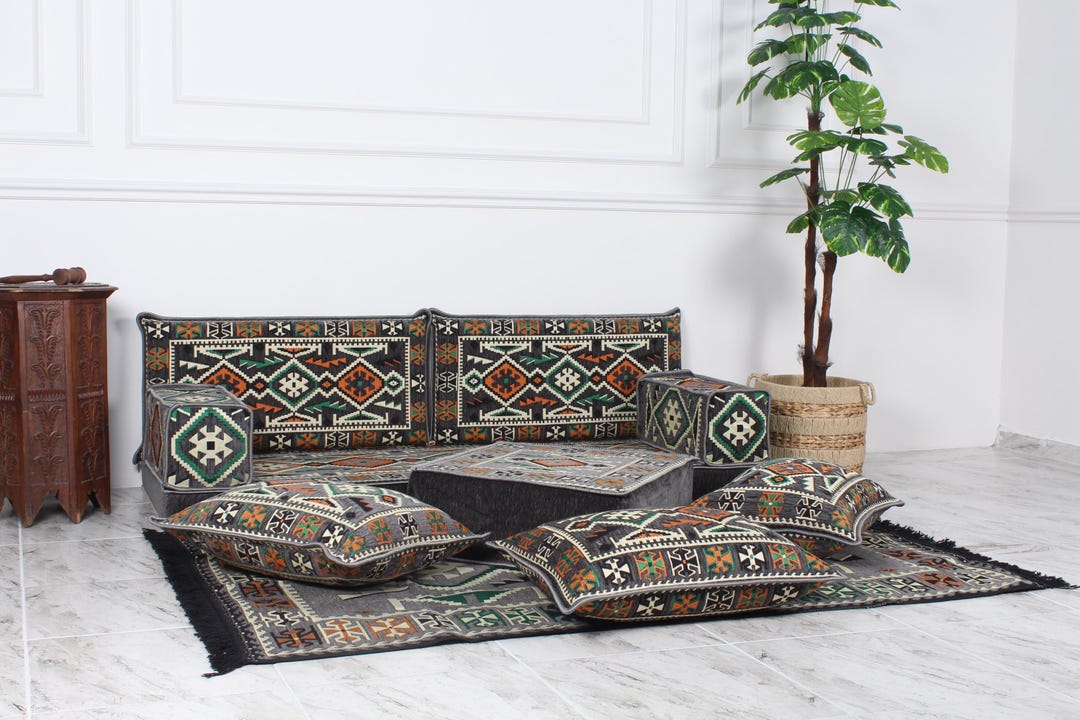 Majlis Rug Arabic Majlis Floor Seating Set: Gray Ethnic Cushions, Ottoman & Rug - Etsy