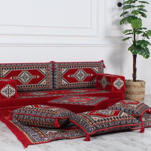 Arabic Seating Cushion, 8&#39;&#39; Thick Red Cushion, Arabic Majlis with Ottoman and Rug, Oriental Sofa Set, Outdoor Floor Pillow, Modular Sofa