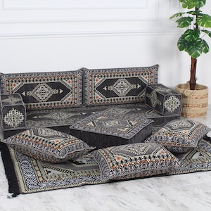 Arabic Seating Cushions, Ethnic Bench Seat, Moroccan Loveseats, Gray Arabic Jalsa, Floor Sofa Set, Indoor Bench Sofa, Oriental Majlis