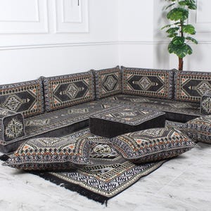 Coussin de sol en L, ensemble de sièges arabes, canapé de sol gris foncé, coussin de sol ethnique, canapé banquette oriental, majlis arabe, sièges marocains
