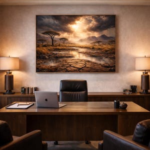 May include: A well-lit office space featuring a large landscape painting above a wooden desk. The desk holds a laptop, notepad, and pen. Two leather chairs face the desk. Two lamps with beige shades flank the painting, and a black leather chair sits behind the desk.