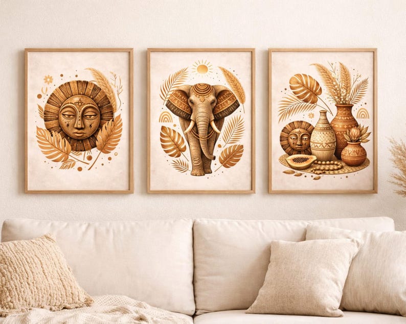 African Boho Wall Art Set of Tribal Mask and Elephant Prints Neutral ...