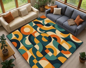 Retro Geometric Area Rug, Mid Century Modern Colorful Carpet, Abstract Living Room Decor Rug