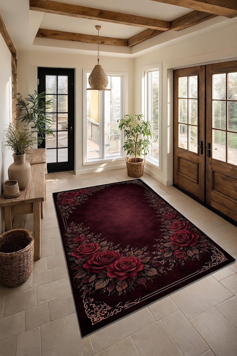 Red Or Roses Area Rugs Burgundy Rose Area Rug, Dark Red Floral Vintage Carpet With Ornate ...