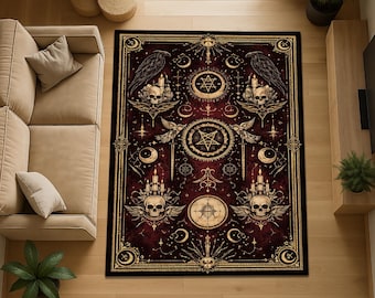 Gothic Occult Area Rug, Dark Alchemy Skull Raven Rug, Witchy Pentagram Carpet, Mystical Vintage Gothic Home Decor