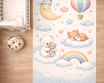 Bonita alfombra para habitación de bebé con animales durmiendo, alfombra para habitación infantil con diseño de luna, nube y arcoíris, alfombra de juego suave en tonos pastel para niños pequeños, decoración neutra para habitación de bebé.