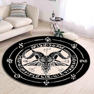 Tappeto rotondo con pentagramma di Bafometto, tappeto rotondo con Bafometto gotico, tappeto rituale con pentagramma occulto, tappeto per altare pagano stregonesco, tappeto circolare con simboli esoterici