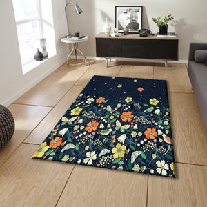 Floral Bird Pattern Rug,Colorful Nature Inspired Area Rug for Boho,Vintage or Cottagecore Decor