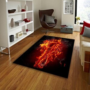 Flaming Skeleton Rug,Fire Art Area Rug for Gamer Room,Bedroom or Cool Home Decor