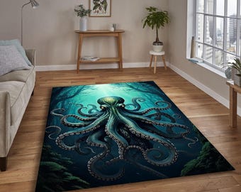 Octopus Rug, Ocean theme rug, underwater decor, Sea creature carpet, Marine life rug, Nautical home decor, Blue ocean  carpet,deep sea rug