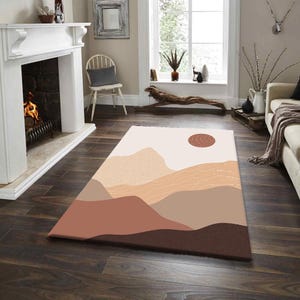 Minimalist Desert Landcape Rug, Eart Tone Mountain Carpet, Boho Aesthetic Area Rug for Living Room or Bedroom