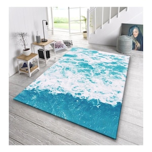 Ocean Wave Rug,Coastal Beach Inspired Area Carpet,Turquoise Sea Design Floor Mat,Summer Vibes Home Decor,Modern Nautical Rug
