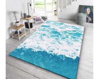 Ocean Wave Rug,Coastal Beach Inspired Area Carpet,Turquoise Sea Design Floor Mat,Summer Vibes Home Decor,Modern Nautical Rug