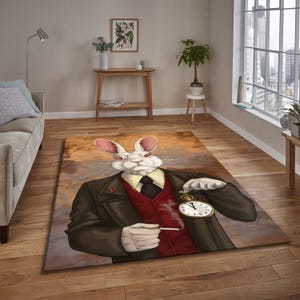 White Rabbit Rug, Alice in Wonderland Inspired Vintage Character Carpet