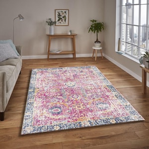 Boho Pink Distressed Area rug,Vintage Floral Carpet for Living room, Colorful Oriental Style Floor Decor