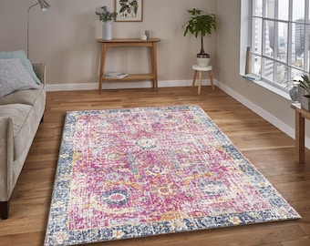 Boho Pink Distressed Area rug,Vintage Floral Carpet for Living room, Colorful Oriental Style Floor Decor