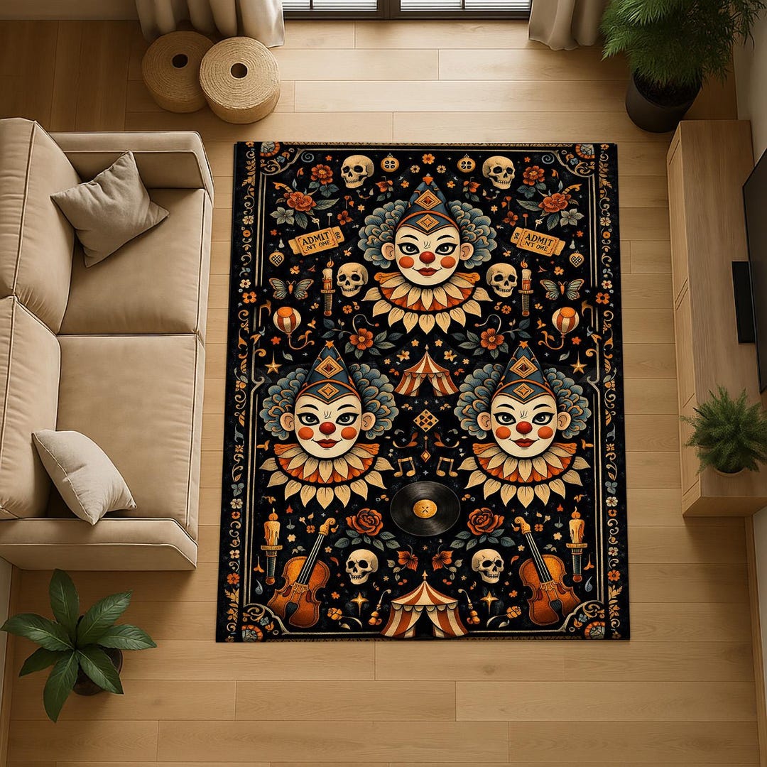 Dark Circus Area Rug, Creepy Clown Rug, Gothic Carnival Carpet, Vintage ...