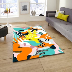 Tapis coloré d'art abstrait, tapis graphique moderne audacieux pour le salon, tapis vibrant de style pop art