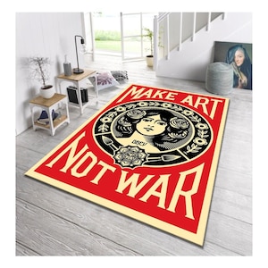 Alfombra "Haz arte, no guerra", alfombra artística de protesta con gráficos llamativos, decoración de sala de estar con un toque rojo, alfombra estilo póster político bohemio