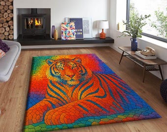 Alfombra de tigre con mosaico colorido, alfombra con estampado animal vibrante para sala de estar y decoración moderna del hogar.