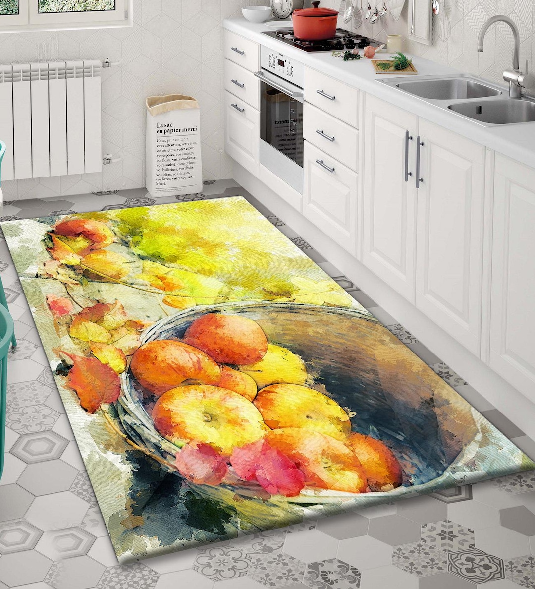Watercolor Apple and Leaf Kitchen Rug, Autumn Harvest Kitchen Runner ...