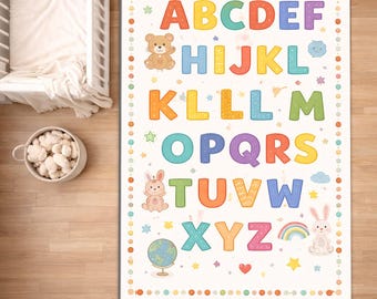 May include: A colorful alphabet rug with the letters A through Z in various colors. The rug features illustrations of a bear, bunny, cloud, rainbow, and globe. The border is dotted with stars and circles. This rug is designed for a child's room.