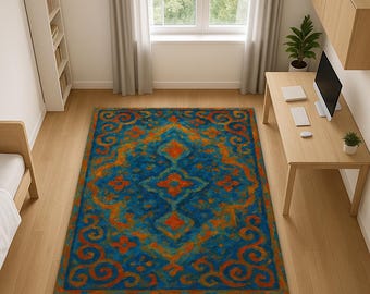 Bohemian Tribal Area Rug, Blue Orange Ethnic Pattern Carpet, Moroccan Style Living Room Decor, Colorful Geometric Floor Rug