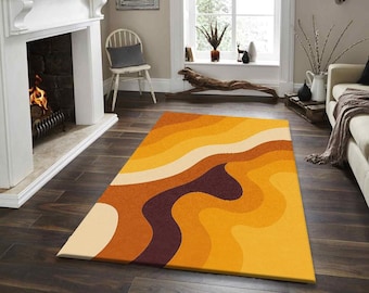 Retro Wave Pattern Area Rug,Mid Century Modern Style and Orange, Yellow Abstract Carpet for Living or Bedroom