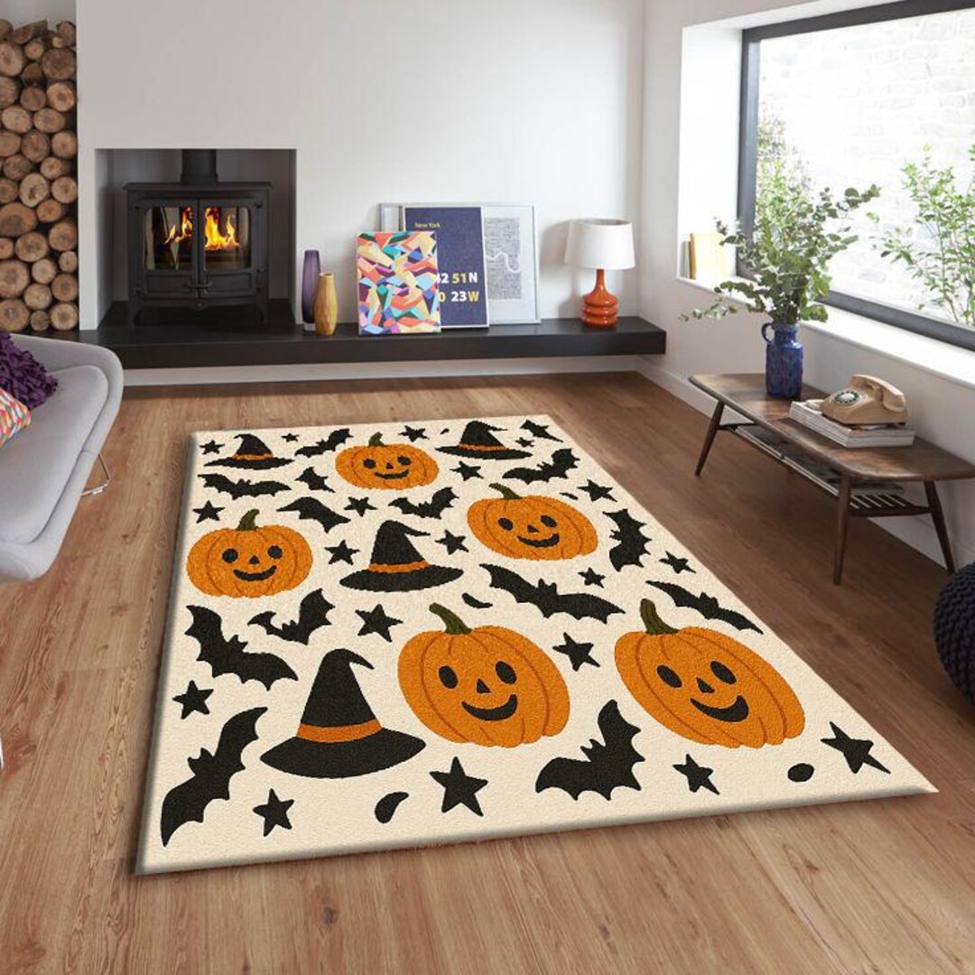 Halloween Rug – Cute Pumpkin, Witch Hat & Bats Carpet – Spooky Orange ...