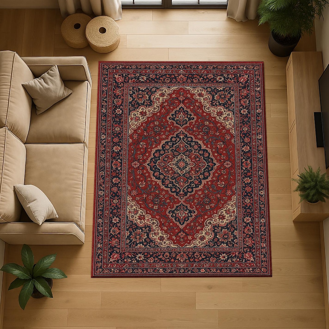 Vintage Persian Style Area Rug, Red & Navy Oriental Rug, Classic ...