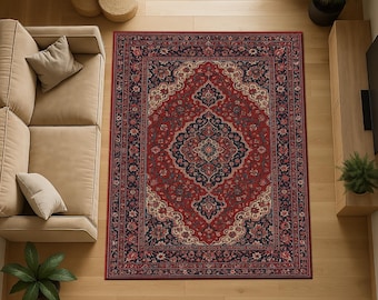 Vintage Persischer Stil Bereich Teppich, Rot & Marine Orientteppich, Klassischer Traditioneller Wohnzimmer Teppich, Dekorativer Wohndekor Teppich