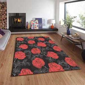 Black Rose Rug,Red Floral Area Rug,Bold Romantic Flower Carpet,Gothic Floral Living Room Decor,Dark Aesthetic Rug