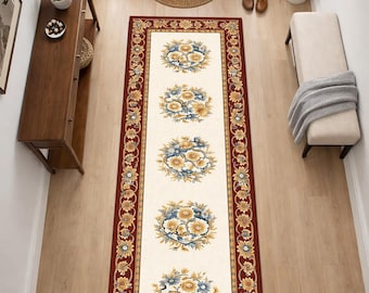 Floral Runner Rug, Vintage Hallway Runner, Classic Cream Entryway Rug, Traditional Flower Medallion Long Runner
