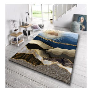 Abstract Mountain Rug with Sun, Boho Modern Nature Area Carpet