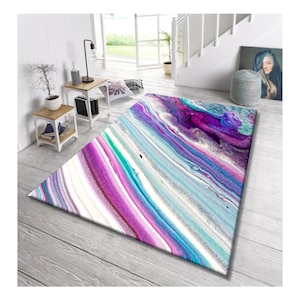 Abstract Colorful Art Rug, Fluid Marble Pattern Carpet in Purple ,Blue &Teal Modern Artistic Area Rug for Living Room or Bedroom