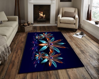 Flower Area Rug , Modern Flower Carpet, Digital Art Rug, Colorful Floor Mat, Contemporary Rug, Blue Abstract Rug, Living Room Decor,