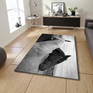 Black and White Horse Rug,Elegant Animal Print Carpet,Modern Horse Lover Home Decor,Rustic Farmhouse Area Rug