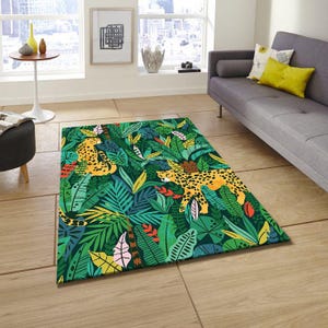 Jungle Leopard Print Area Rug,Tropical Leaf Pattern Floor Mat, Exotic Animal Home Decor,Vibrant Green and Yellow Carpet,Bohemian Safari Rug