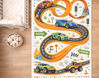 Car Track Kids Rug, Race Car Road Play Rug for Boys, Toy Car Carpet, Vehicle Theme Kids Room Rug, Toddler Play Mat
