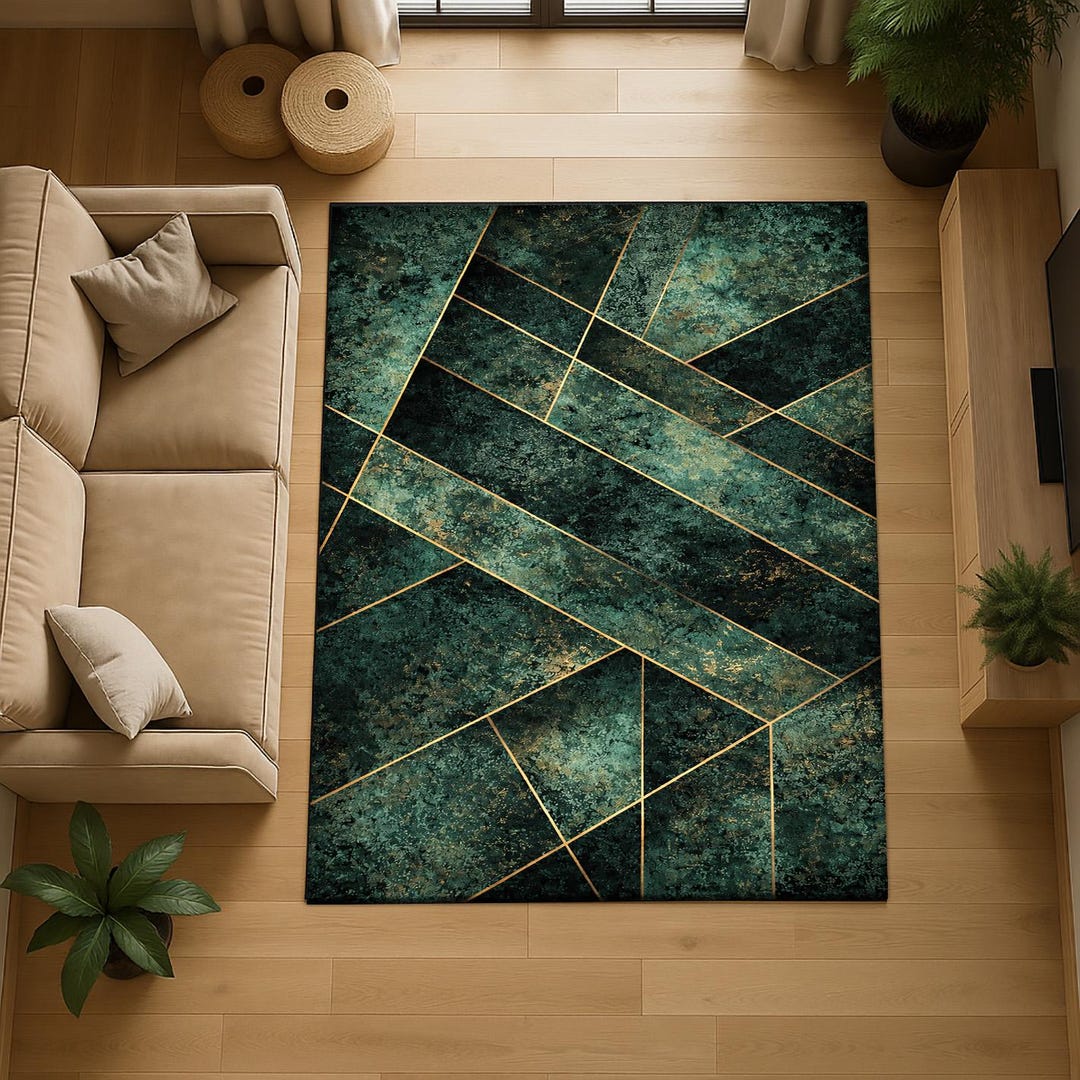 Emerald Green Gold Geometric Rug, Modern Abstract Area Rug, Luxury ...