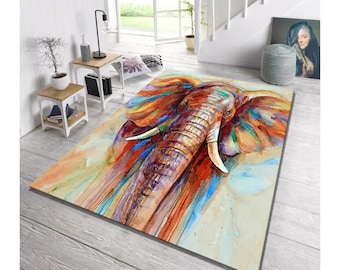 Colorful Elephant Rug,Abstract Animal Art Carpet,Boho Safari Decor for Living Room or Bedroom,Boho Elephant Rug,Colorful Safari Animal Art