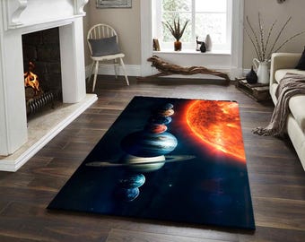 Alfombra con temática del sistema solar, planetas y sol, decoración cósmica para habitación infantil, nebulosa espacial, vibrante alineación de planetas.