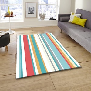 Colorful Striped Rug,Vibrant Rainbow Area Carpet for Kids Room, Modern Playroom Floor Mat, Multicolor Decorative Rug