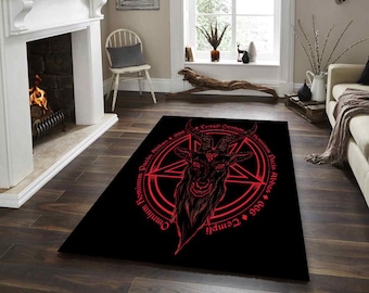 Baphomet Rug,Gothic Occult Pentagram Area rug, Dark Aesthetic Satanic Floor Mat for Witchy or Alternative Decor