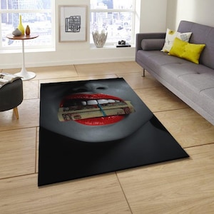 Pop Art Lips and Car Area Rug,Surreal Modern Floor Mat,Red Lips Statement Carpet,Unique Living Room Decor,Abstract Automotive Lips Rug